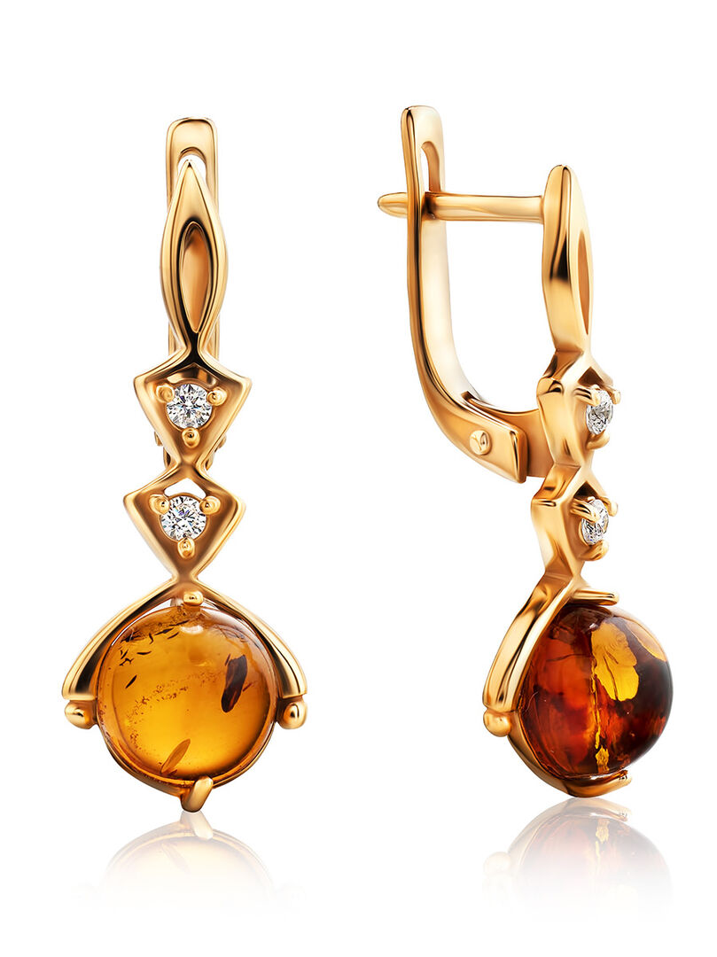 Женственные серьги из золота с натуральным янтарём и кристаллами «Самбия» A