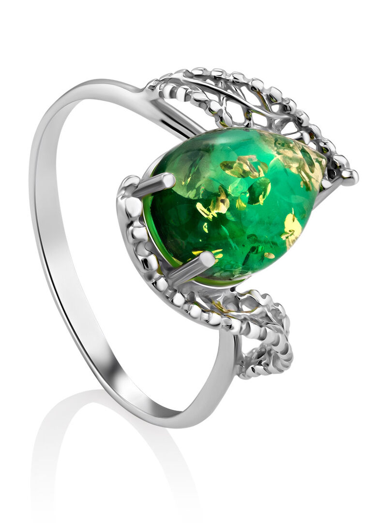 Изящное ажурное кольцо с янтарём изумрудного оттенка «Венера»